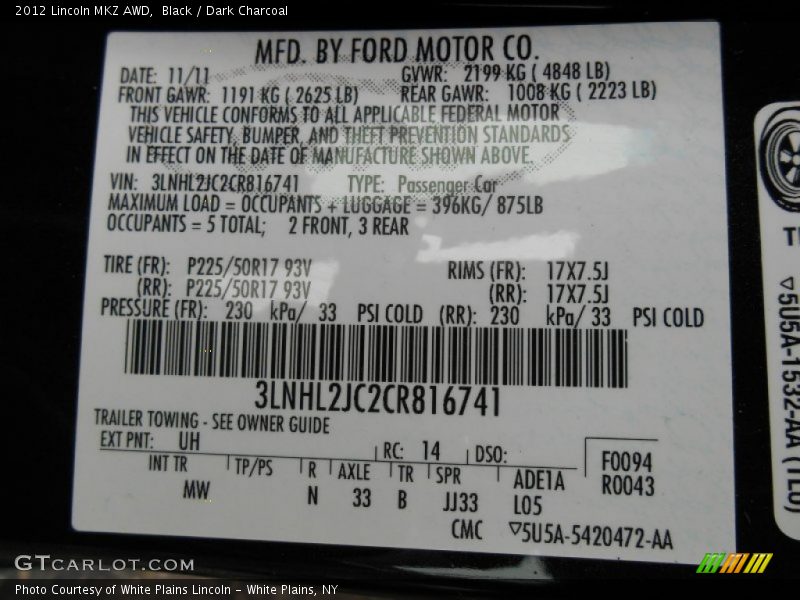 Black / Dark Charcoal 2012 Lincoln MKZ AWD