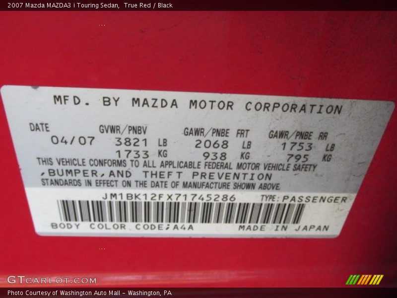 True Red / Black 2007 Mazda MAZDA3 i Touring Sedan