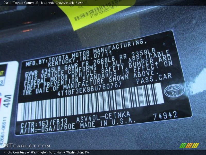 Magnetic Gray Metallic / Ash 2011 Toyota Camry LE