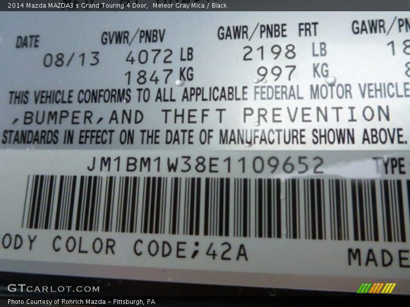 2014 MAZDA3 s Grand Touring 4 Door Meteor Gray Mica Color Code 42A