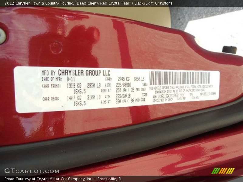 Deep Cherry Red Crystal Pearl / Black/Light Graystone 2012 Chrysler Town & Country Touring