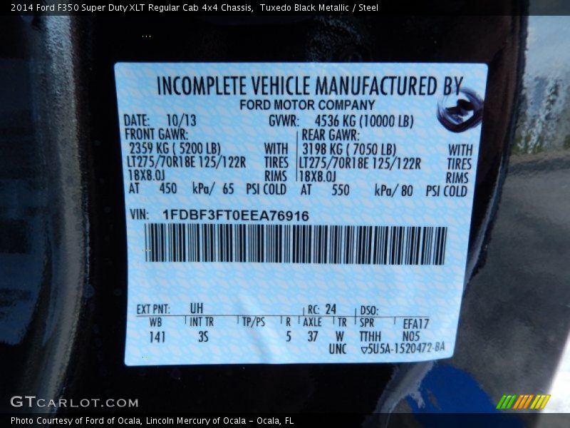 2014 F350 Super Duty XLT Regular Cab 4x4 Chassis Tuxedo Black Metallic Color Code UH