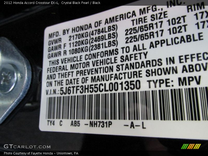 Crystal Black Pearl / Black 2012 Honda Accord Crosstour EX-L