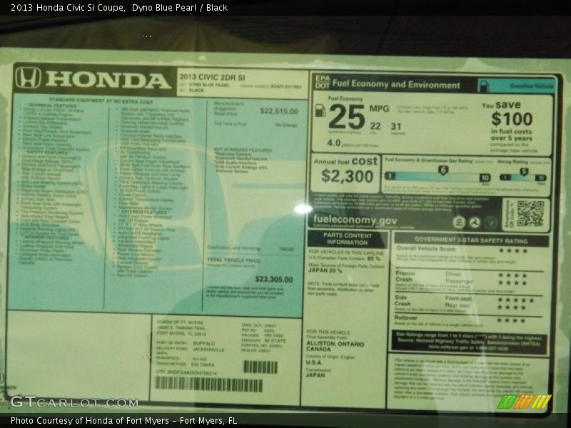 Dyno Blue Pearl / Black 2013 Honda Civic Si Coupe
