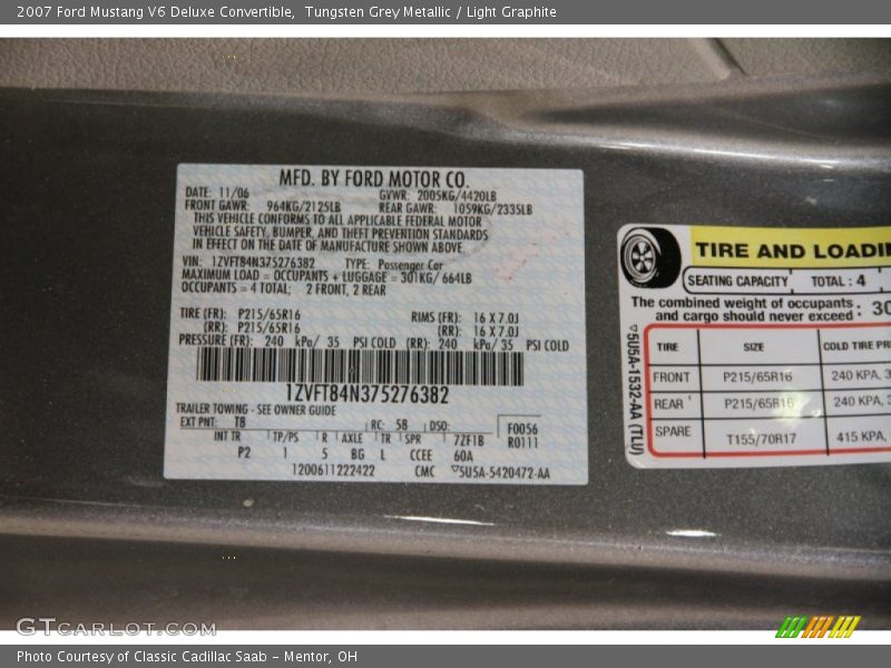 Tungsten Grey Metallic / Light Graphite 2007 Ford Mustang V6 Deluxe Convertible