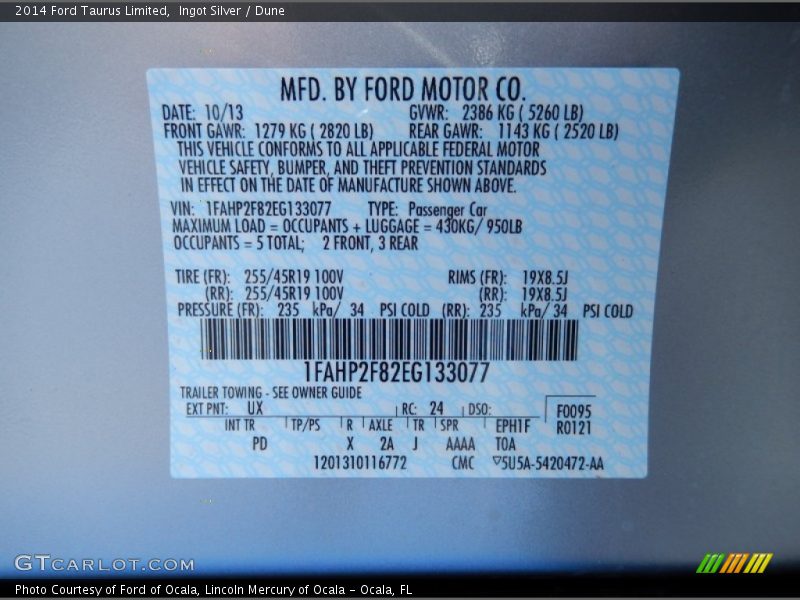 2014 Taurus Limited Ingot Silver Color Code UX