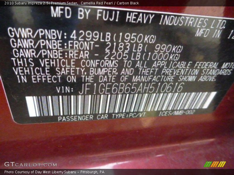 Camellia Red Pearl / Carbon Black 2010 Subaru Impreza 2.5i Premium Sedan