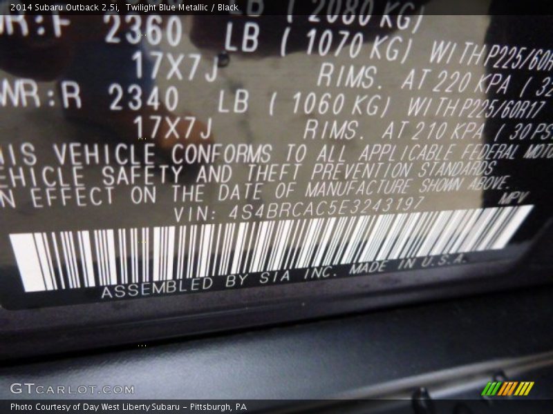 Twilight Blue Metallic / Black 2014 Subaru Outback 2.5i