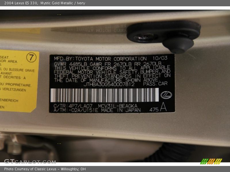 2004 ES 330 Mystic Gold Metallic Color Code 4P7