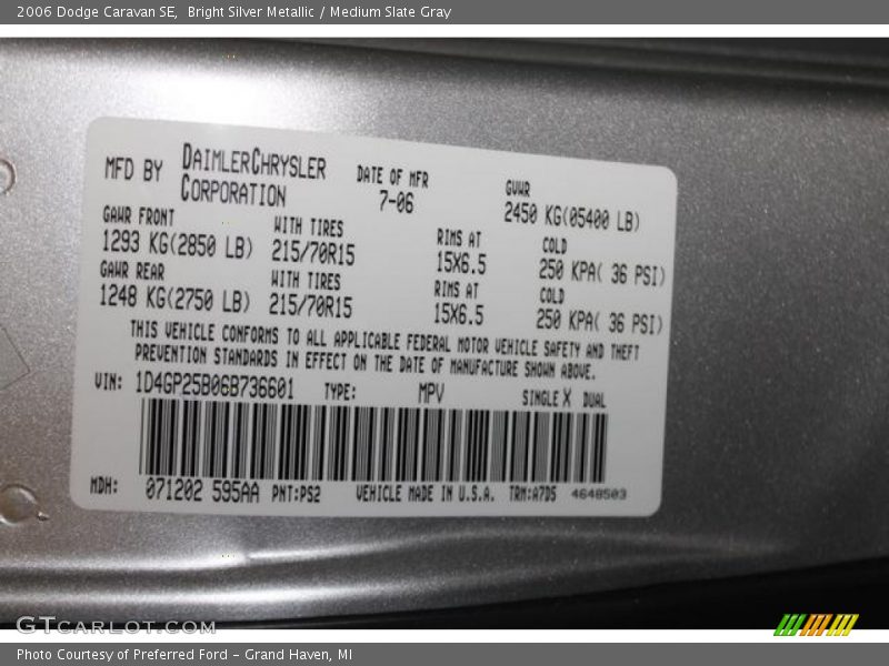 Bright Silver Metallic / Medium Slate Gray 2006 Dodge Caravan SE