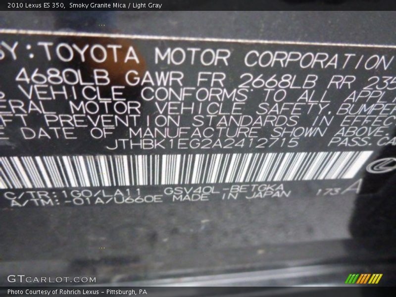 Smoky Granite Mica / Light Gray 2010 Lexus ES 350