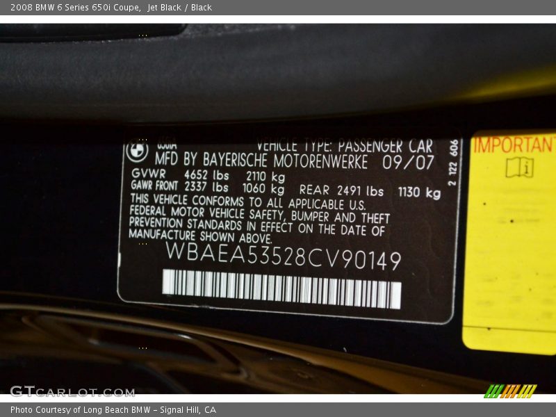 Jet Black / Black 2008 BMW 6 Series 650i Coupe