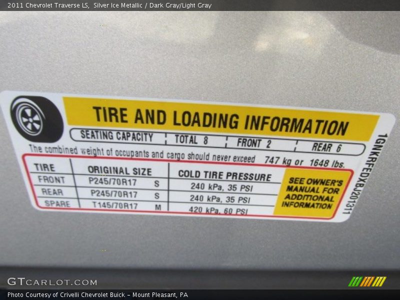 Silver Ice Metallic / Dark Gray/Light Gray 2011 Chevrolet Traverse LS