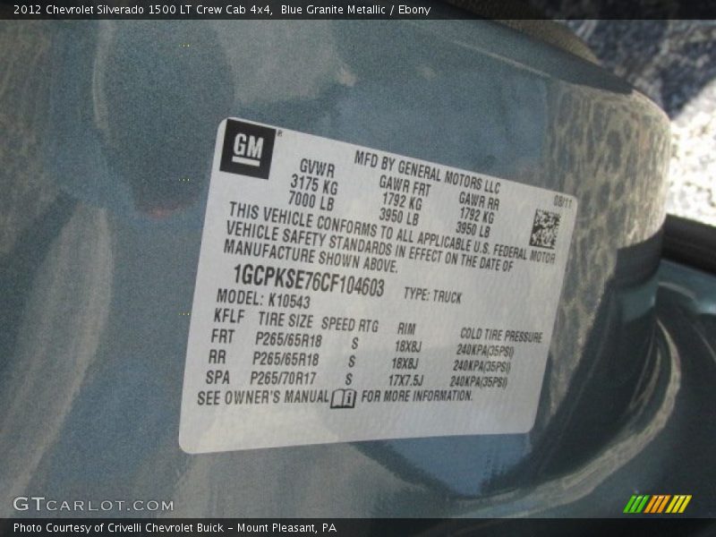 Blue Granite Metallic / Ebony 2012 Chevrolet Silverado 1500 LT Crew Cab 4x4