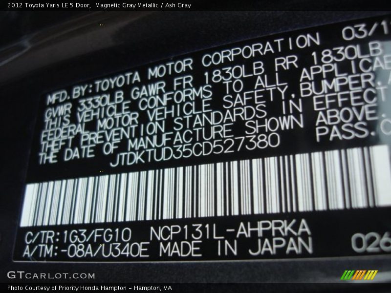 Magnetic Gray Metallic / Ash Gray 2012 Toyota Yaris LE 5 Door