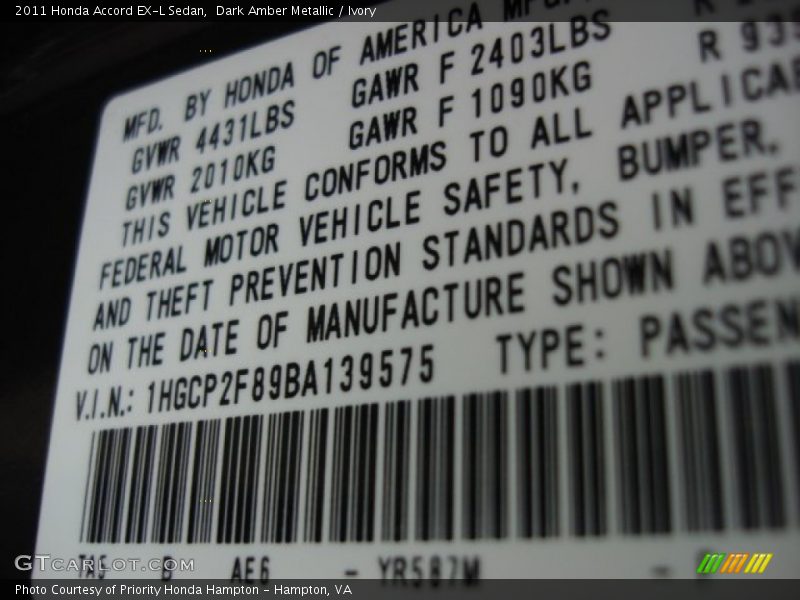 Dark Amber Metallic / Ivory 2011 Honda Accord EX-L Sedan