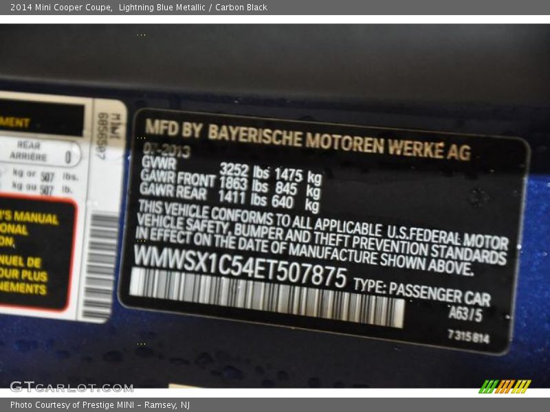 Lightning Blue Metallic / Carbon Black 2014 Mini Cooper Coupe