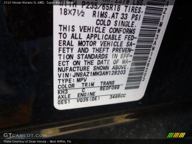 Super Black / Beige 2010 Nissan Murano SL AWD