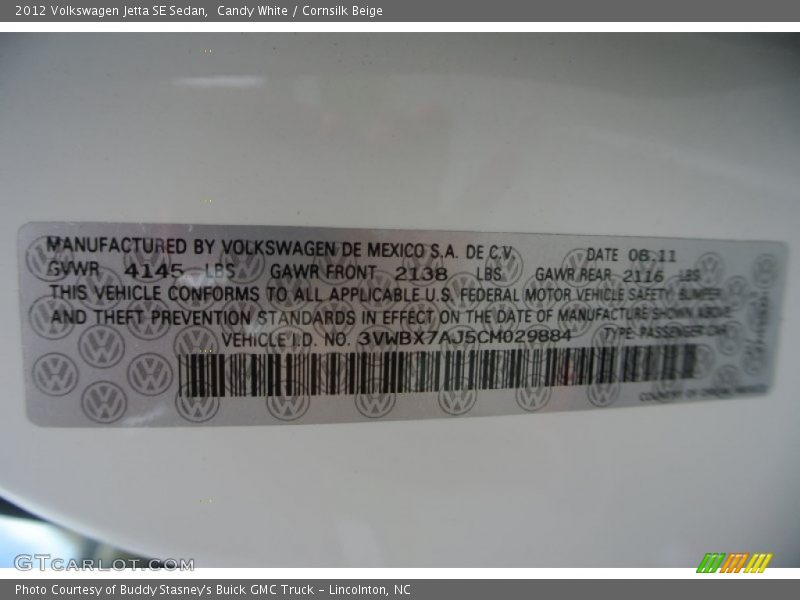 Candy White / Cornsilk Beige 2012 Volkswagen Jetta SE Sedan