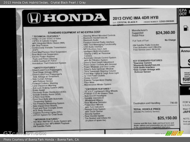 Crystal Black Pearl / Gray 2013 Honda Civic Hybrid Sedan