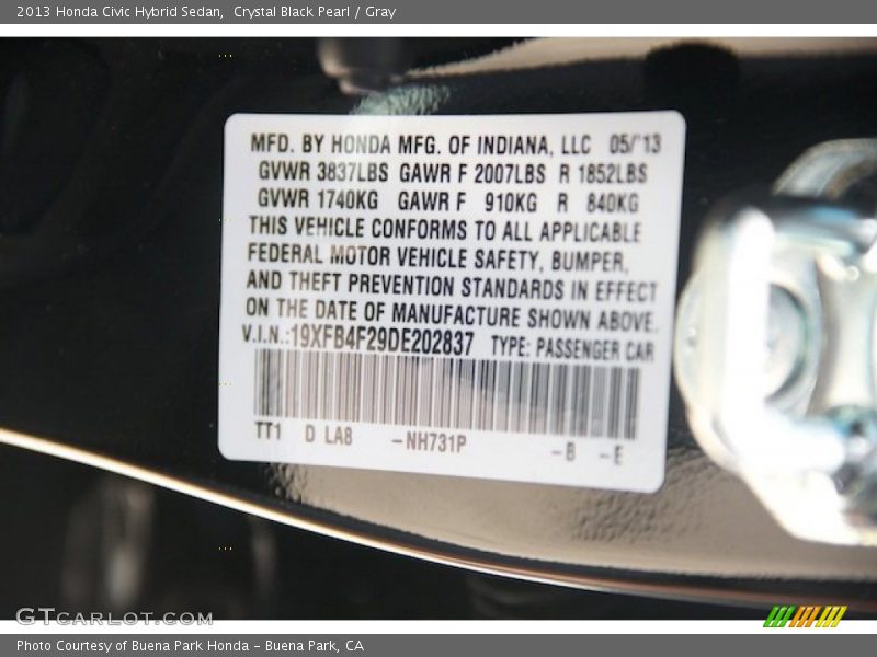 Crystal Black Pearl / Gray 2013 Honda Civic Hybrid Sedan