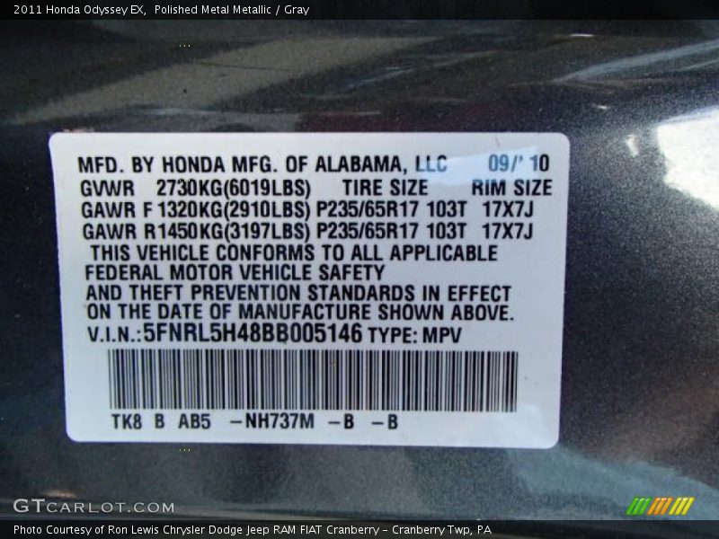 Polished Metal Metallic / Gray 2011 Honda Odyssey EX