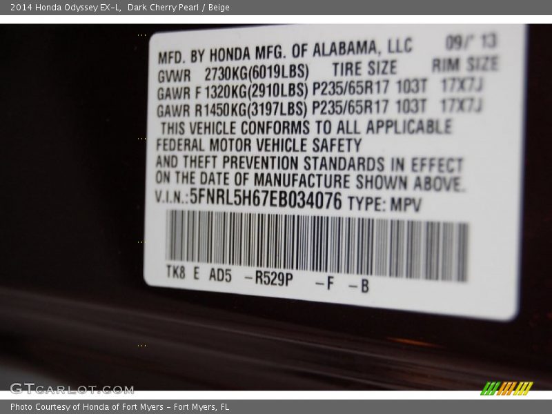 Dark Cherry Pearl / Beige 2014 Honda Odyssey EX-L