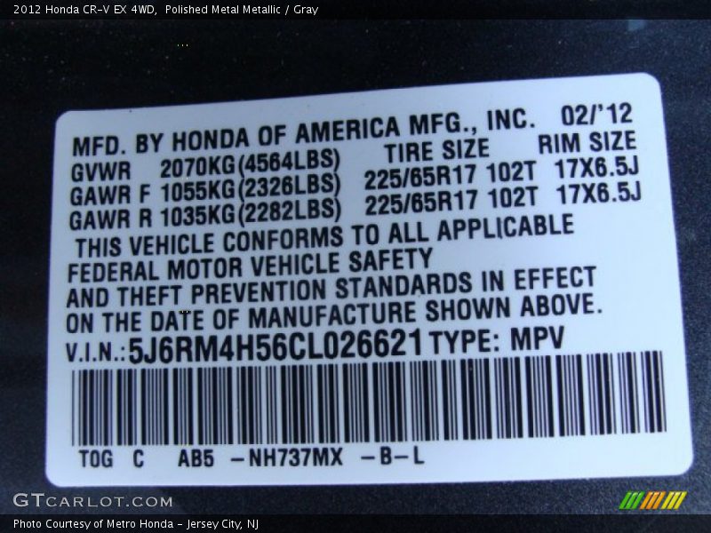 Polished Metal Metallic / Gray 2012 Honda CR-V EX 4WD