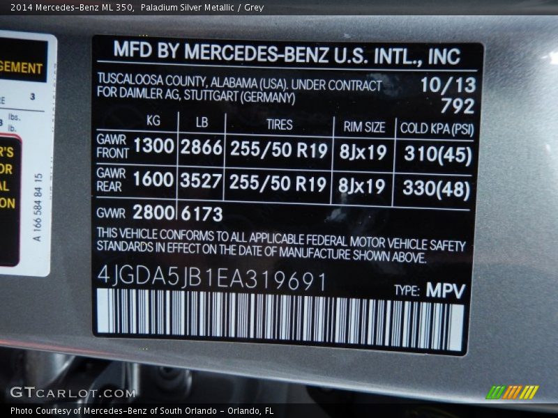 Paladium Silver Metallic / Grey 2014 Mercedes-Benz ML 350
