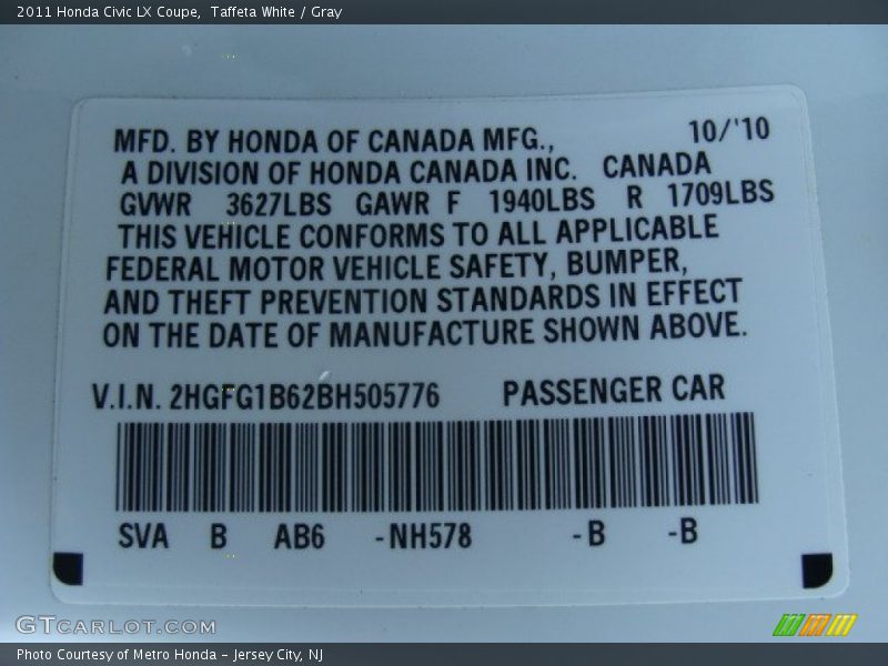 Taffeta White / Gray 2011 Honda Civic LX Coupe