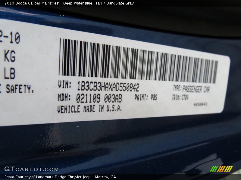 Deep Water Blue Pearl / Dark Slate Gray 2010 Dodge Caliber Mainstreet