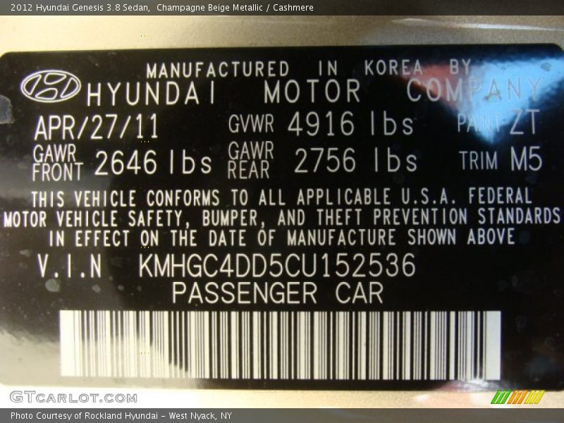 Champagne Beige Metallic / Cashmere 2012 Hyundai Genesis 3.8 Sedan