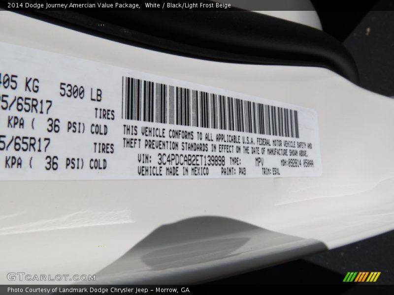 White / Black/Light Frost Beige 2014 Dodge Journey Amercian Value Package