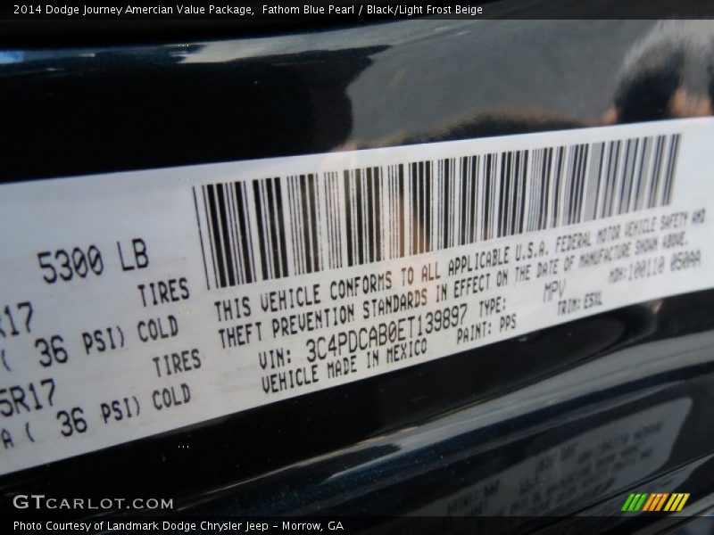 Fathom Blue Pearl / Black/Light Frost Beige 2014 Dodge Journey Amercian Value Package