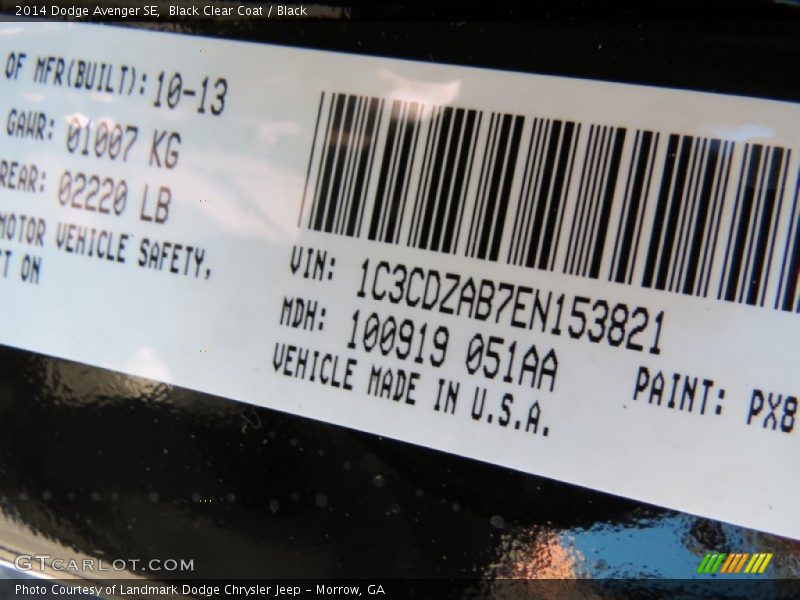 Black Clear Coat / Black 2014 Dodge Avenger SE