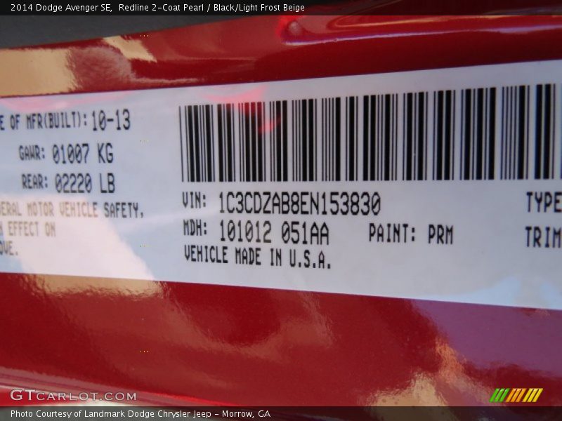 Redline 2-Coat Pearl / Black/Light Frost Beige 2014 Dodge Avenger SE