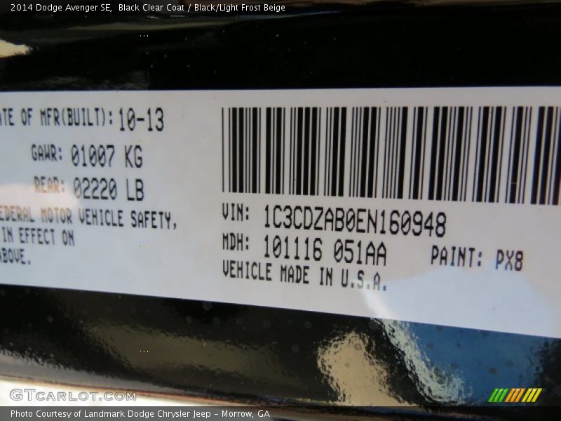 Black Clear Coat / Black/Light Frost Beige 2014 Dodge Avenger SE