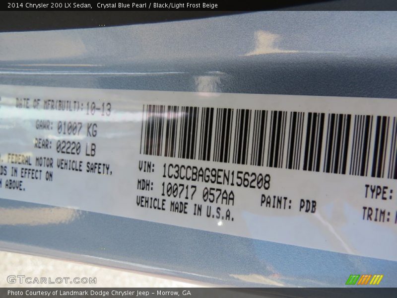 2014 200 LX Sedan Crystal Blue Pearl Color Code PDB