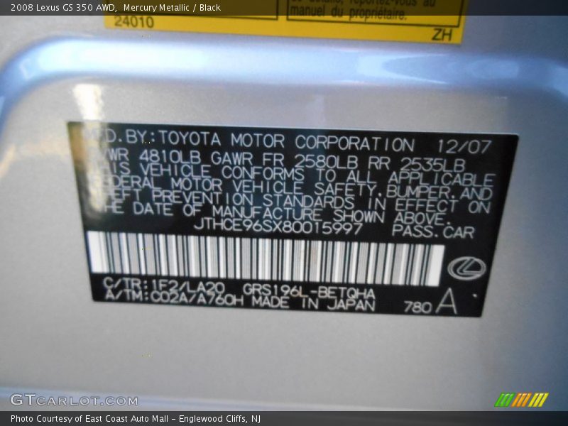 Mercury Metallic / Black 2008 Lexus GS 350 AWD