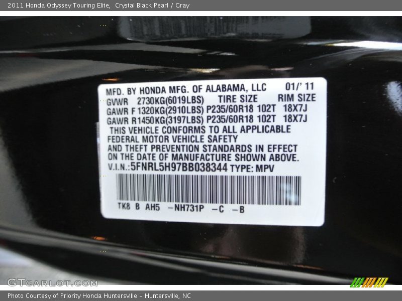 Crystal Black Pearl / Gray 2011 Honda Odyssey Touring Elite
