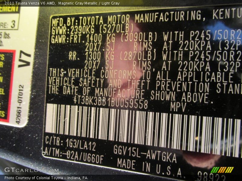 Magnetic Gray Metallic / Light Gray 2011 Toyota Venza V6 AWD