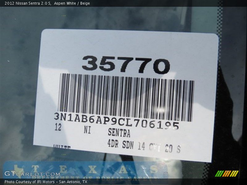 Aspen White / Beige 2012 Nissan Sentra 2.0 S