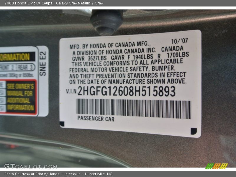Galaxy Gray Metallic / Gray 2008 Honda Civic LX Coupe