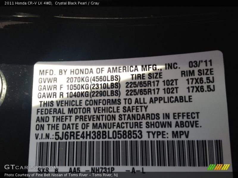 Crystal Black Pearl / Gray 2011 Honda CR-V LX 4WD