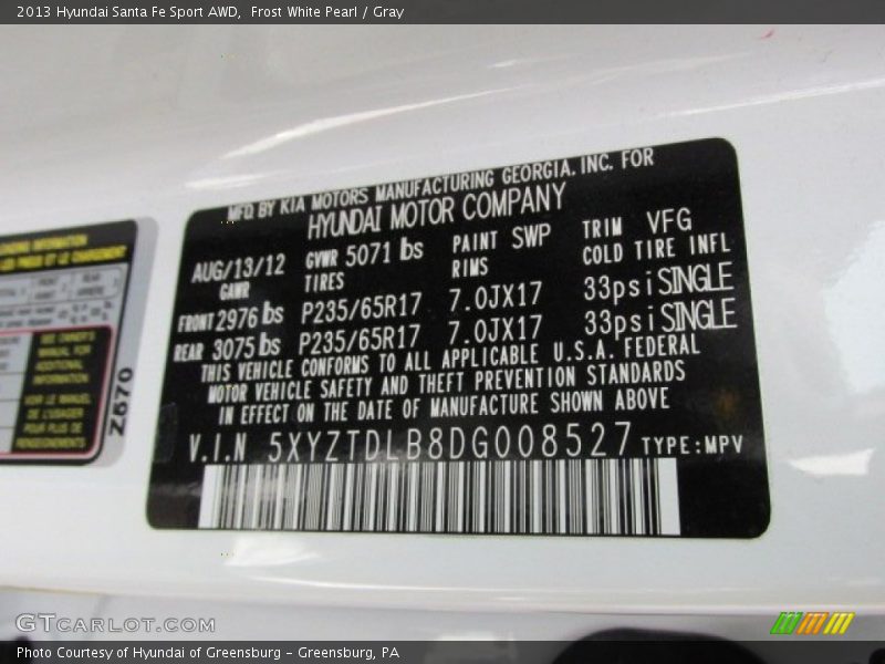 Frost White Pearl / Gray 2013 Hyundai Santa Fe Sport AWD