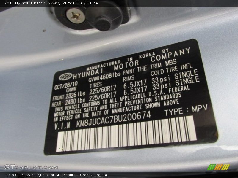 Aurora Blue / Taupe 2011 Hyundai Tucson GLS AWD