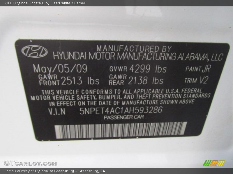 Pearl White / Camel 2010 Hyundai Sonata GLS