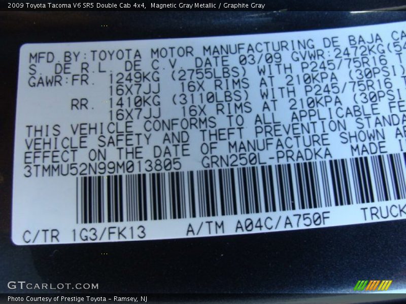 Magnetic Gray Metallic / Graphite Gray 2009 Toyota Tacoma V6 SR5 Double Cab 4x4