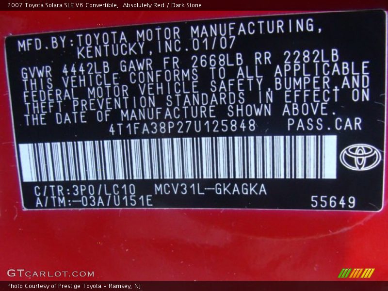 Absolutely Red / Dark Stone 2007 Toyota Solara SLE V6 Convertible