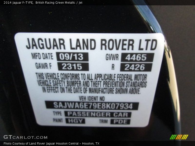 2014 F-TYPE  British Racing Green Metallic Color Code HGY